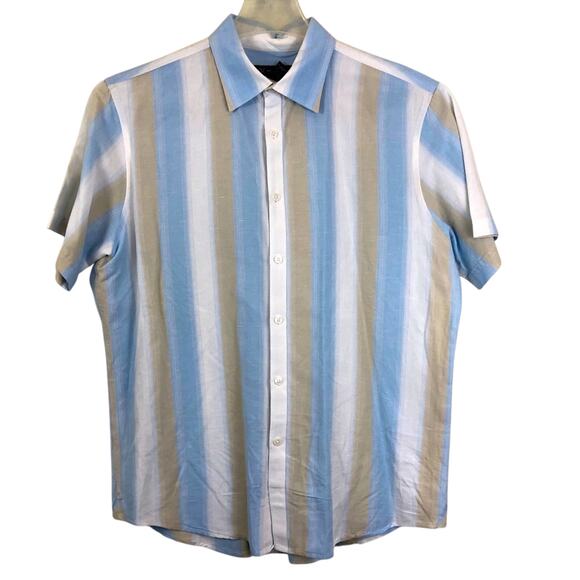 INC International Concepts Blue Tan Stripe Short Sleeve Button Front Shirt - Picture 1 of 16